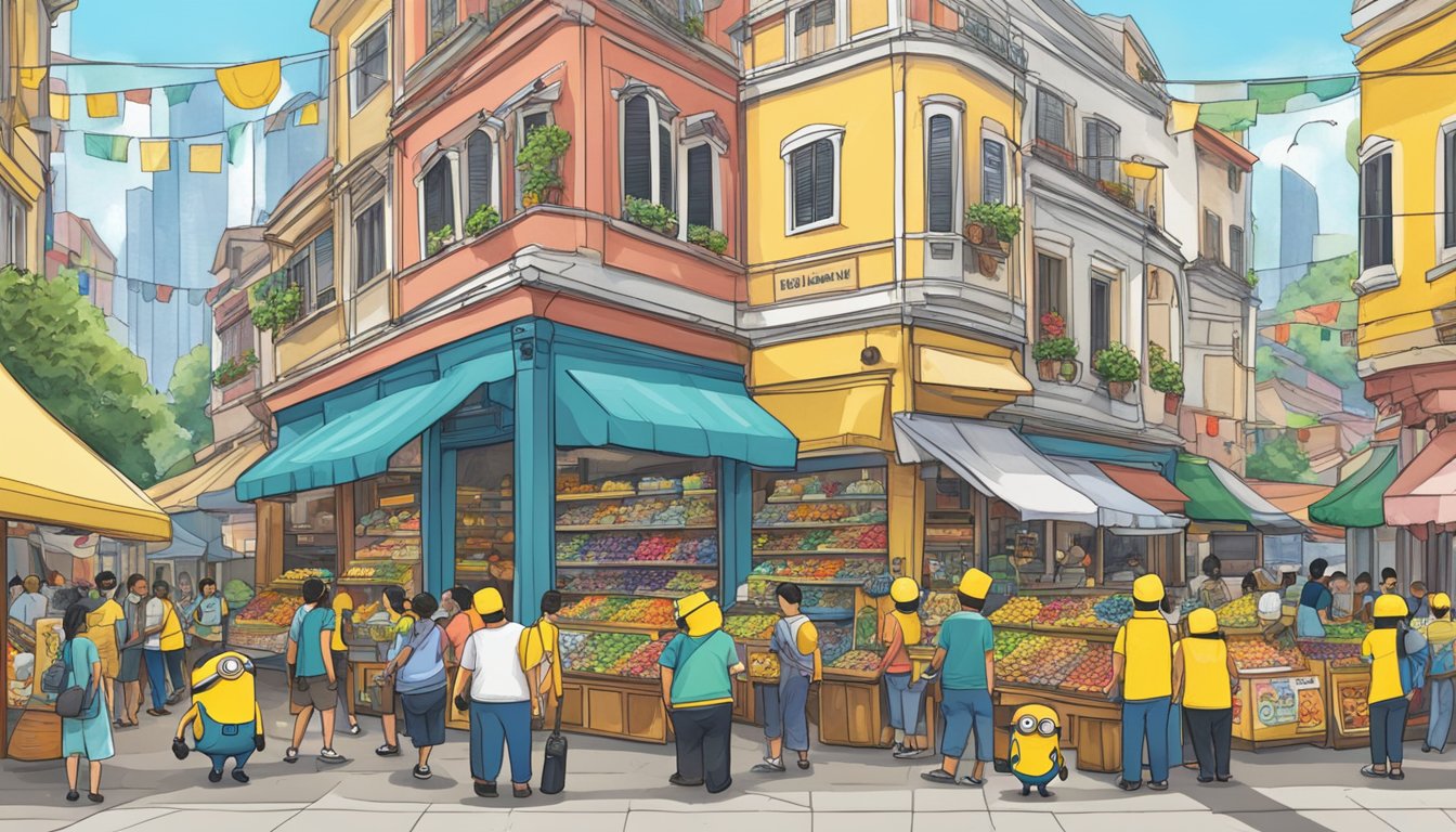 A bustling street market in Singapore with colorful storefronts displaying a variety of Minion-themed t-shirts. Shoppers browse the racks, and vendors call out to passersby