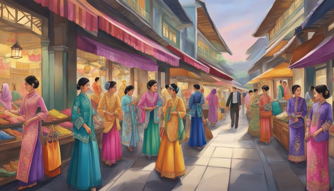 A bustling marketplace in Singapore showcases vibrant nyonya kebaya displayed in shop windows. Shoppers browse through racks of intricately embroidered traditional garments