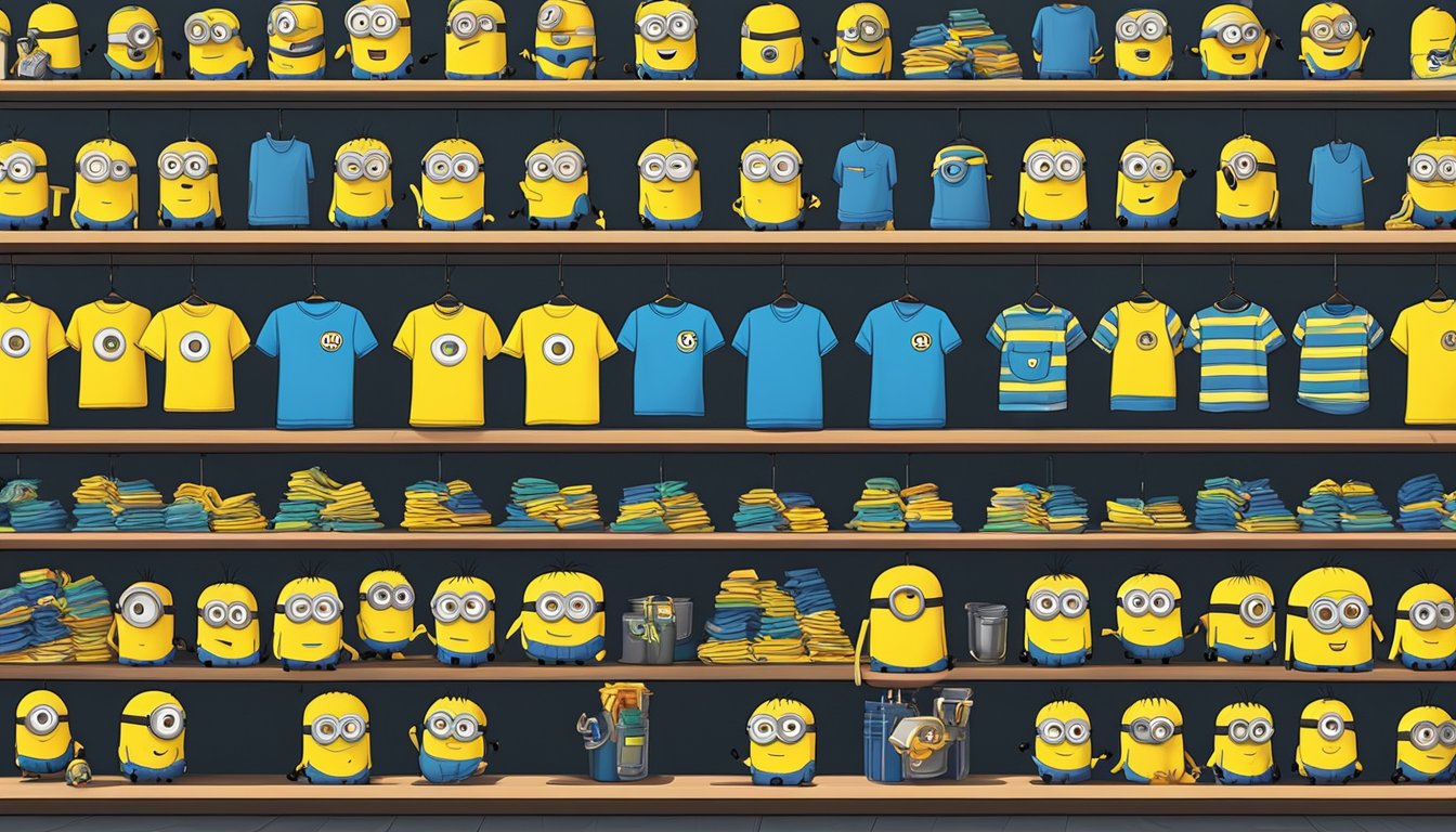 A display of Minion t-shirts in a Singapore store, with various sizes and designs. Brightly colored shirts arranged neatly on shelves