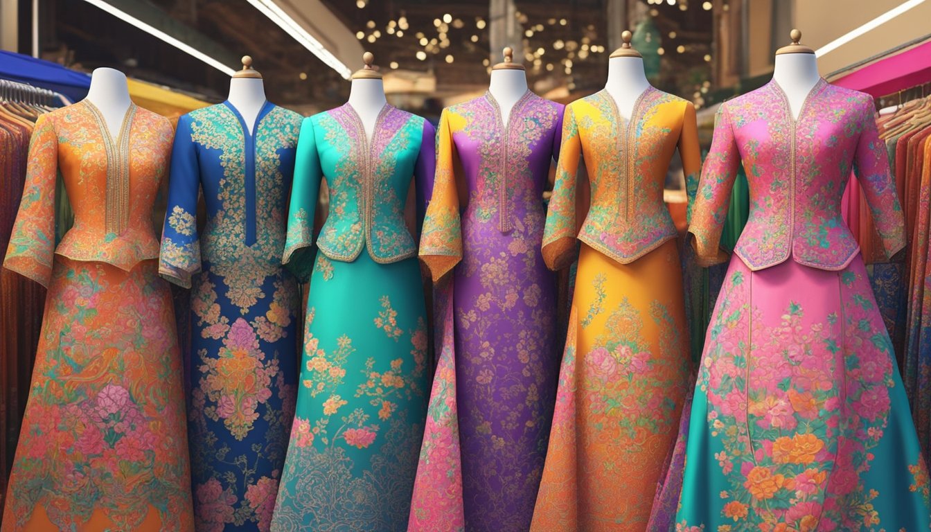 A vibrant market stall displaying colorful Nyonya kebaya in Singapore. Mannequins adorned in intricate designs catch the eye of passersby