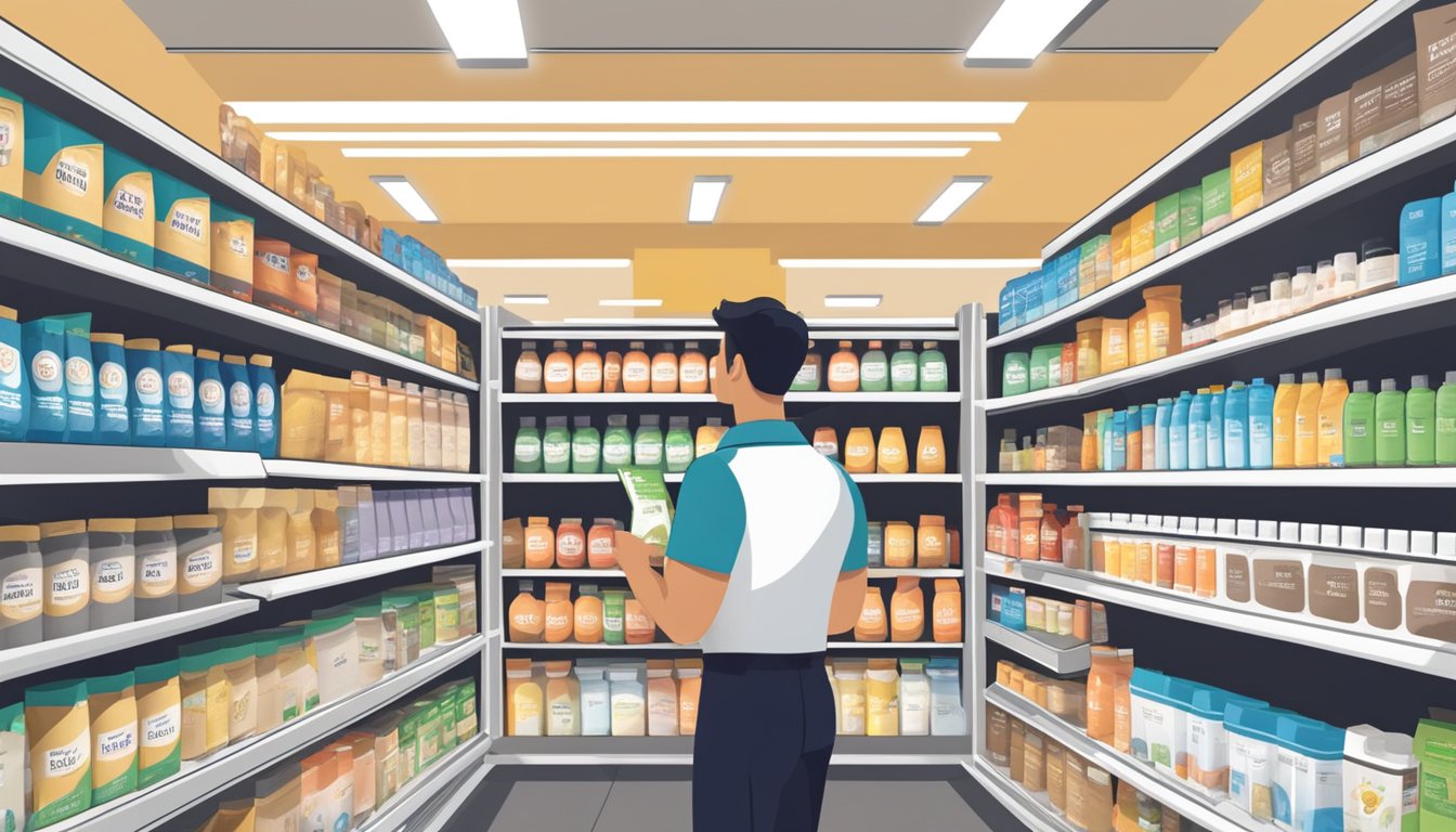 A person stands in front of shelves filled with various protein powder brands at a store in Singapore, carefully reading the labels and comparing the different options available