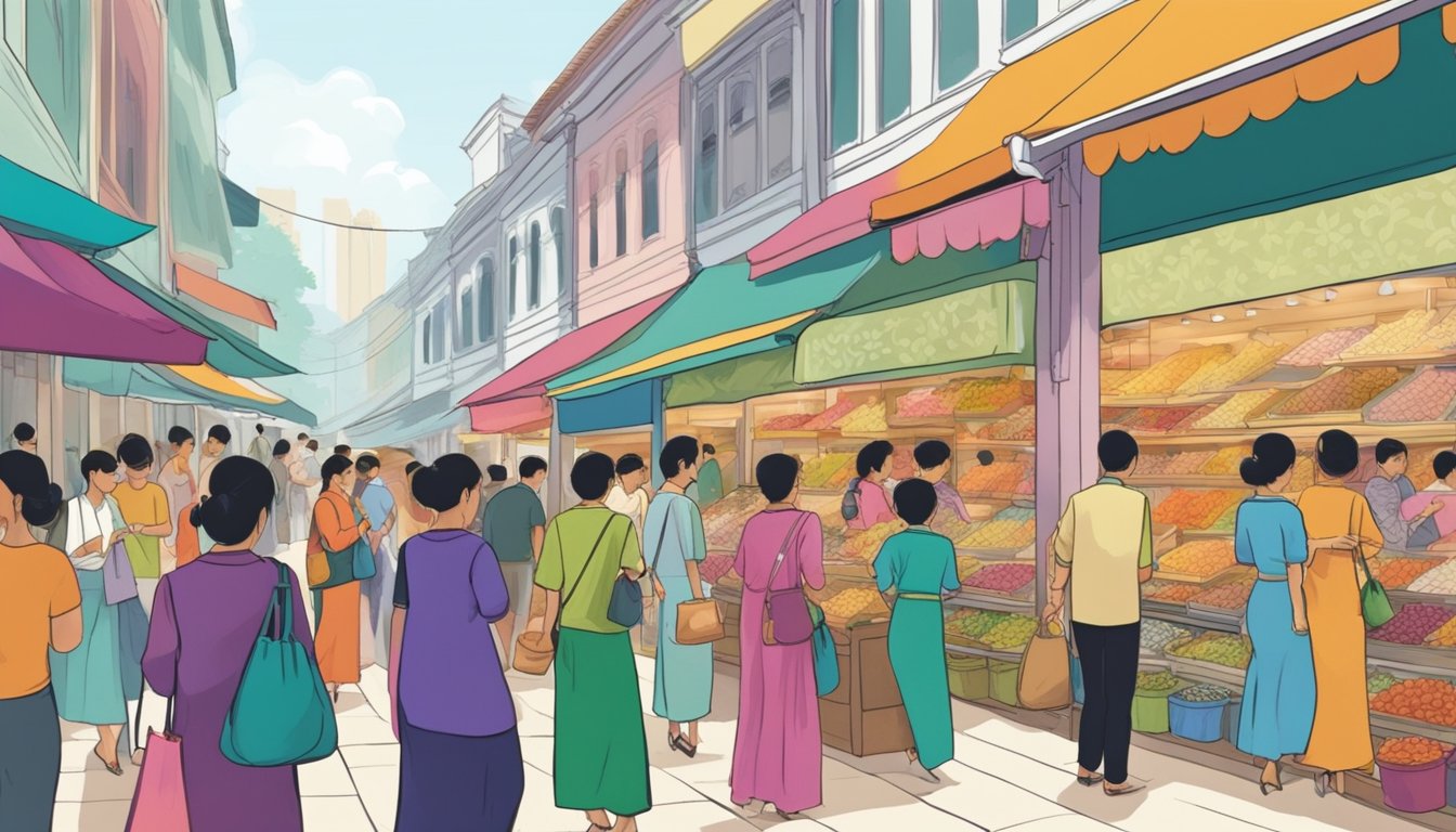 A bustling Singapore market with colorful Nyonya kebaya displayed in shop windows. Customers browsing and asking vendors questions