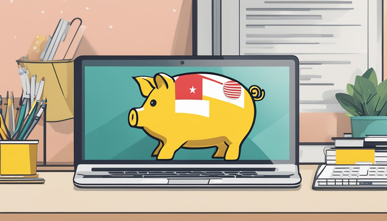 A piggy bank with a Singaporean flag design sits on a desk, next to a laptop displaying the Maybank iSAVvy Savings Account webpage