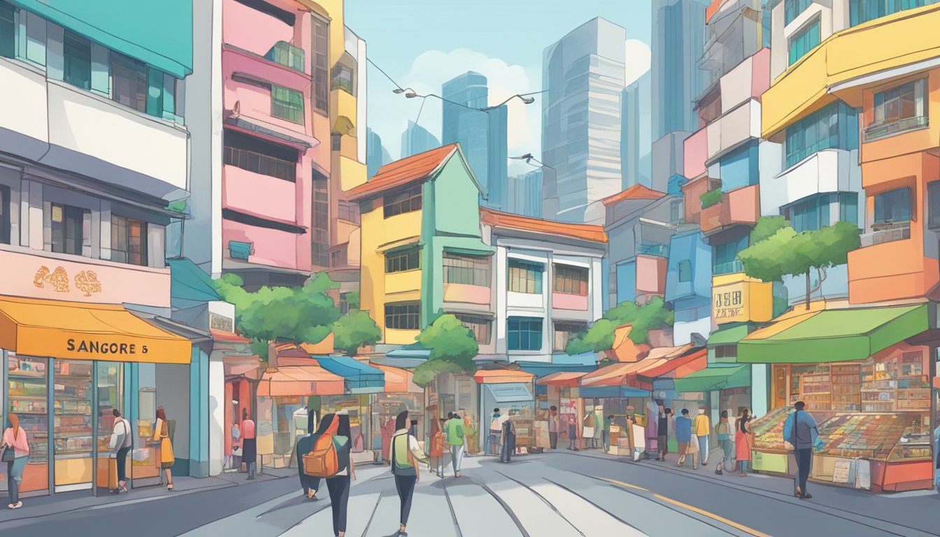 A bustling street in Singapore, with colorful storefronts and a sign reading "Music Boxes for Sale" in bold letters