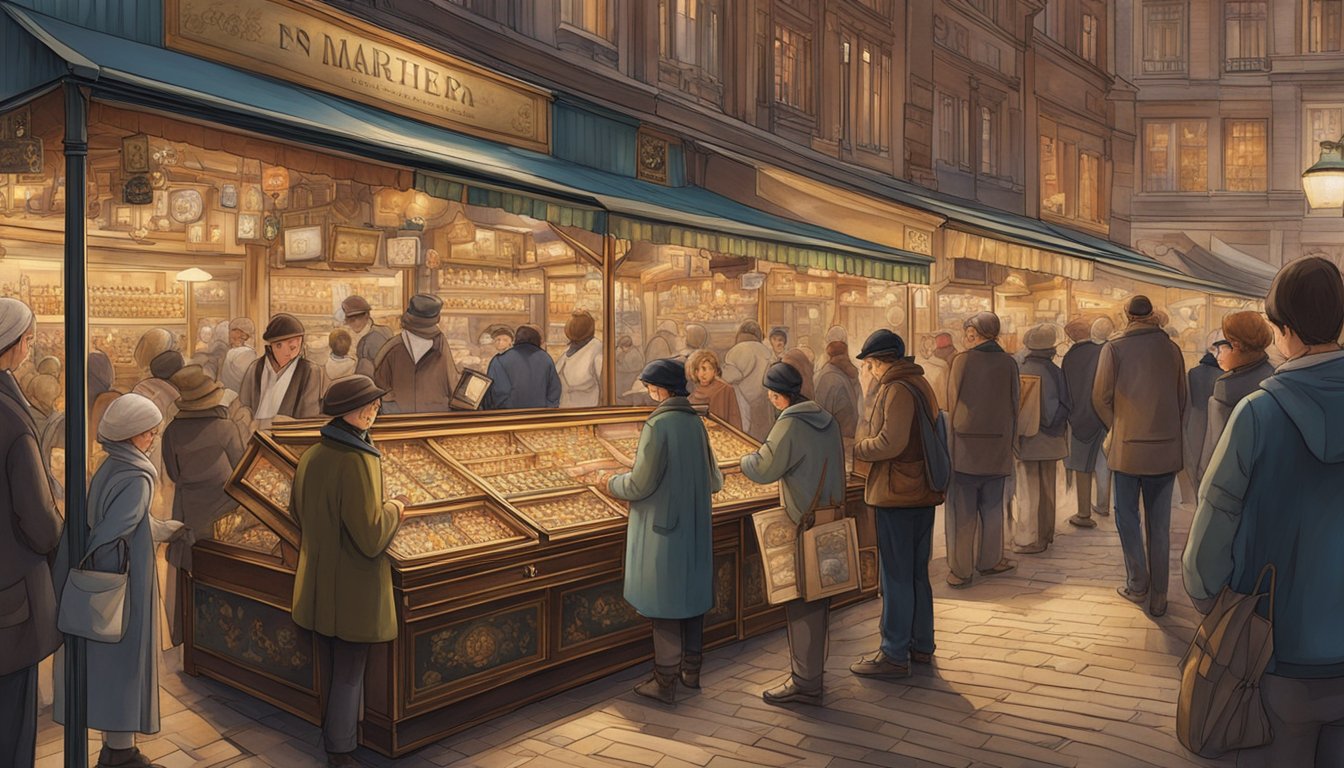 A bustling market stall displays an array of intricately designed music boxes, each emitting a soft melody. Shoppers browse the collection, admiring the craftsmanship and delicate details
