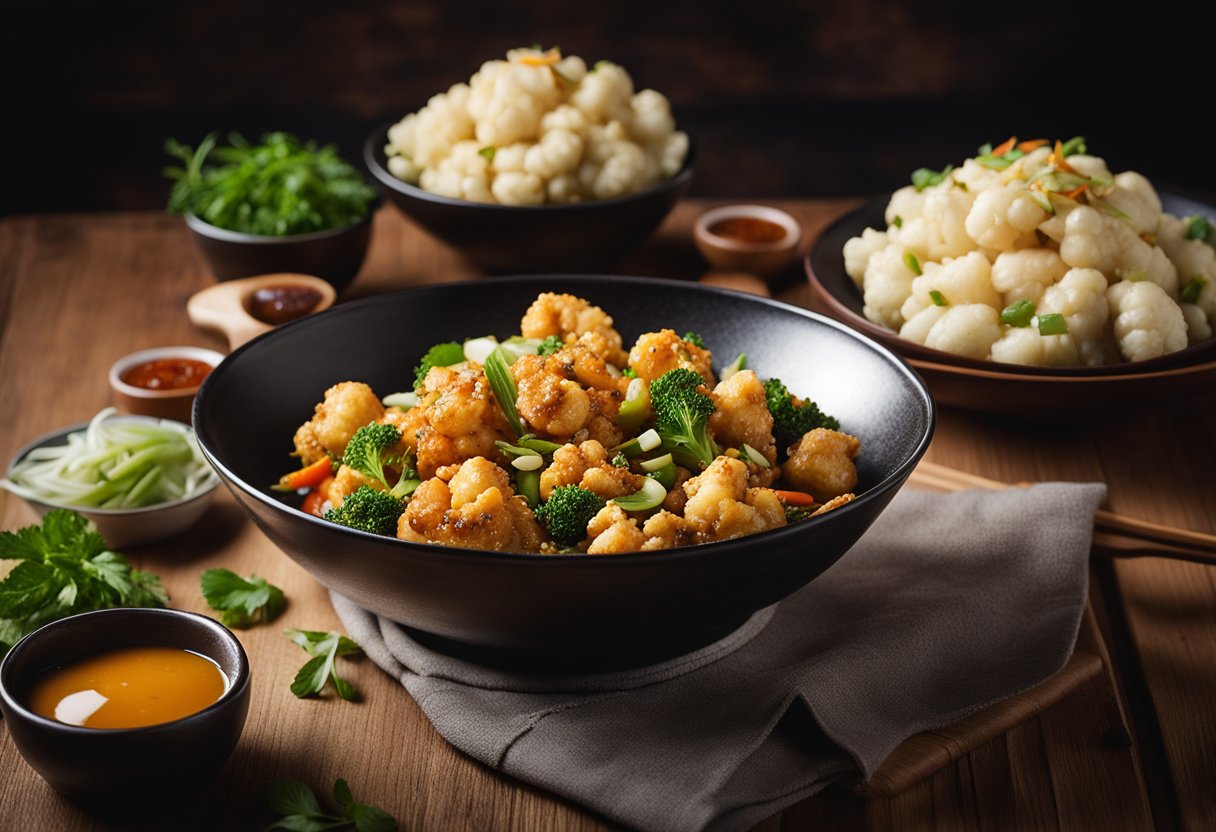 A sizzling wok filled with crispy cauliflower florets, stir-fried in a savory Indo-Chinese sauce, garnished with fresh herbs and spices