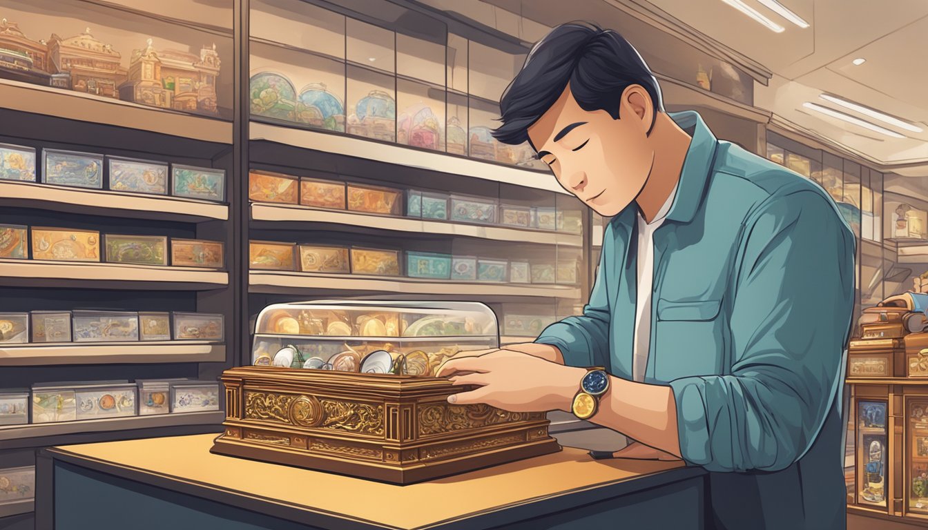 A customer carefully selects a music box from a display in a Singapore store, surrounded by various options and decorative packaging