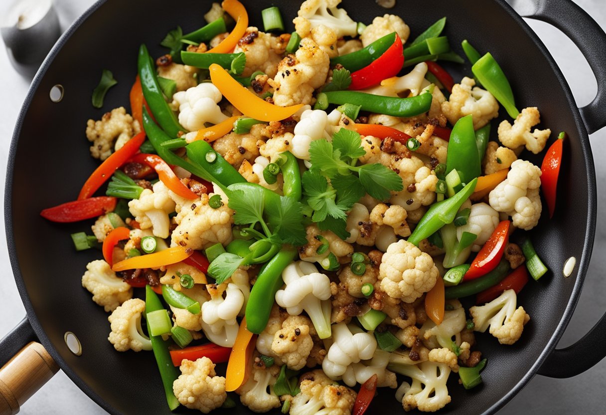 A wok sizzles as cauliflower florets are stir-fried with soy sauce, ginger, and garlic. Green onions and bell peppers are added, creating a colorful and aromatic dish