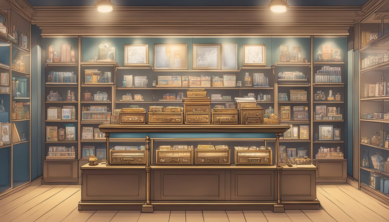 A music box sits on a display shelf in a Singaporean store, surrounded by other trinkets and souvenirs. The store is well-lit and inviting, with a clean and modern aesthetic