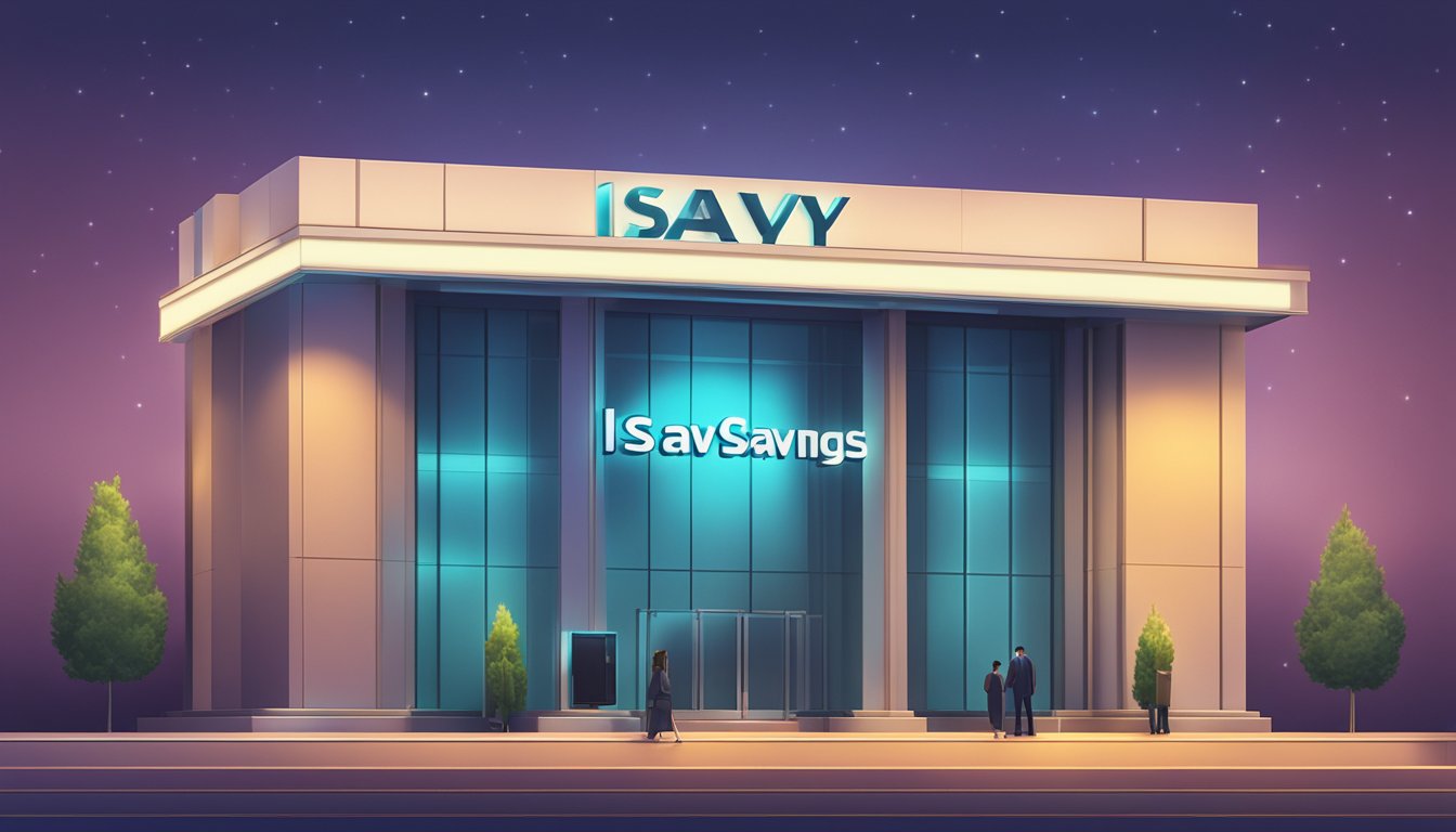 A bank logo stands out against a sleek, modern backdrop. A glowing sign reads "iSAVvy Savings Account" in bold letters