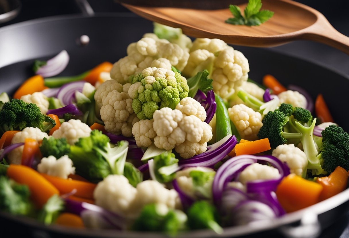 A chef tosses cauliflower in a wok with colorful vegetables and flavorful sauces, preparing an Indo-Chinese recipe