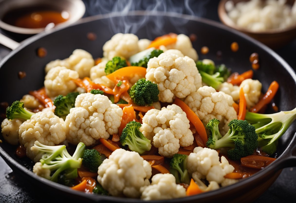 A sizzling wok with cauliflower florets being tossed in a rich, aromatic Manchurian sauce, steam rising, and the vibrant colors of the ingredients popping against the dark background
