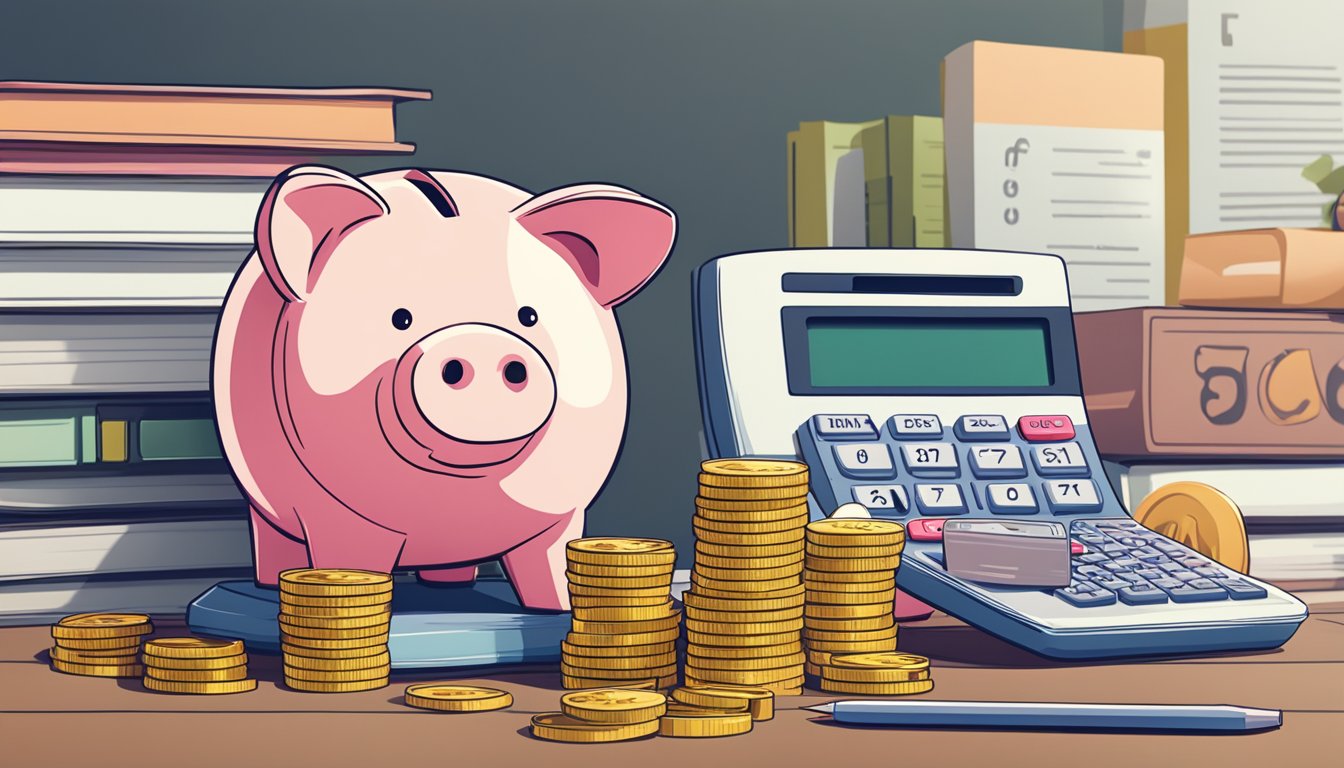A piggy bank sits on a desk, surrounded by stacks of coins and a calculator. A Terms and Conditions document for Maybank iSAVvy Savings Account is open beside it