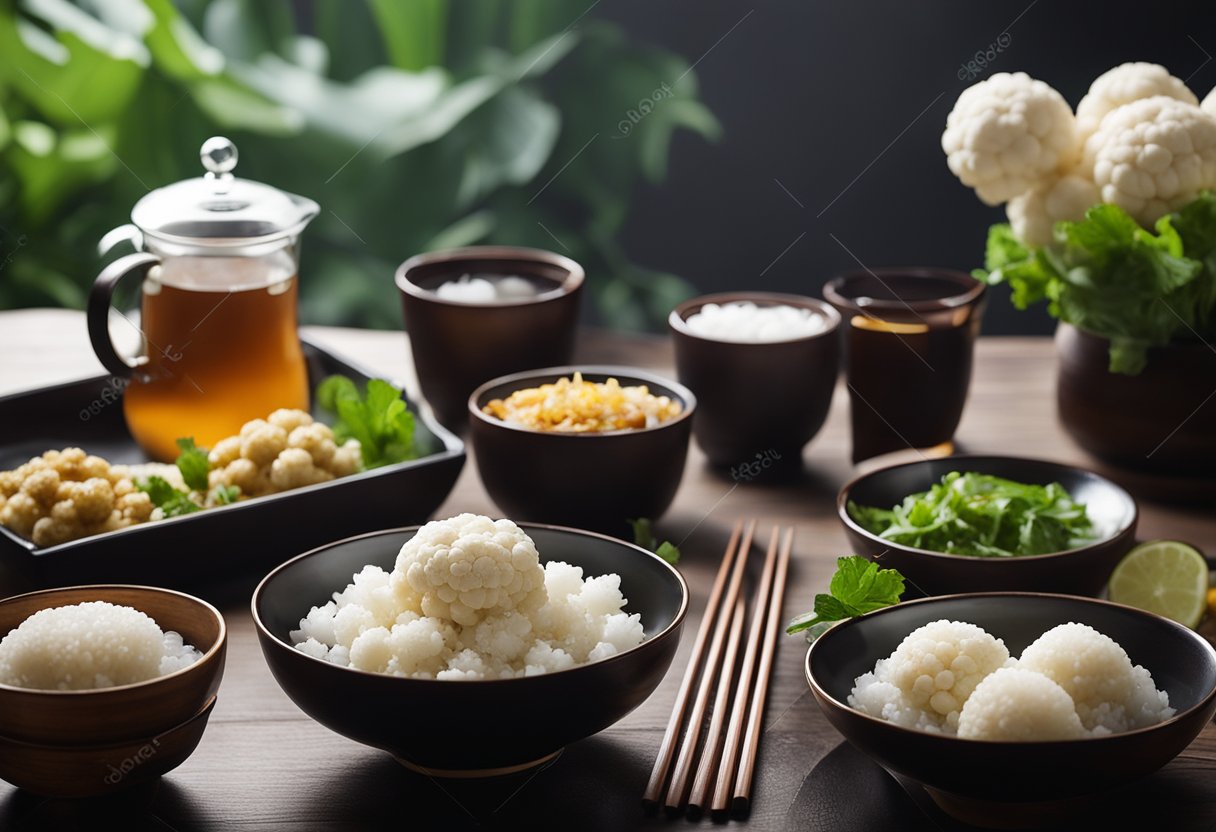 A table set with a steaming platter of Indo-Chinese cauliflower, surrounded by bowls of rice, chopsticks, and glasses of iced tea