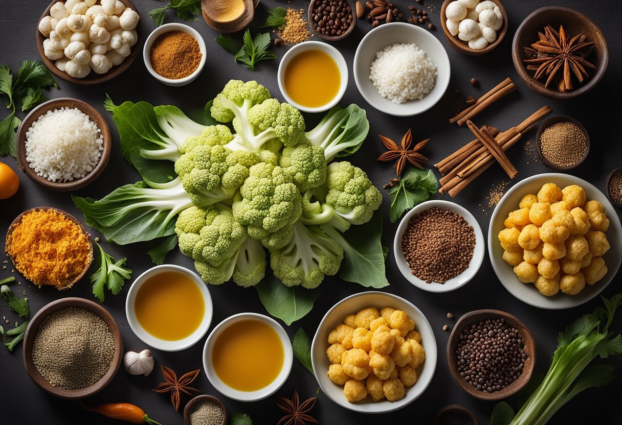A table filled with colorful ingredients and spices for making Indo Chinese cauliflower dishes