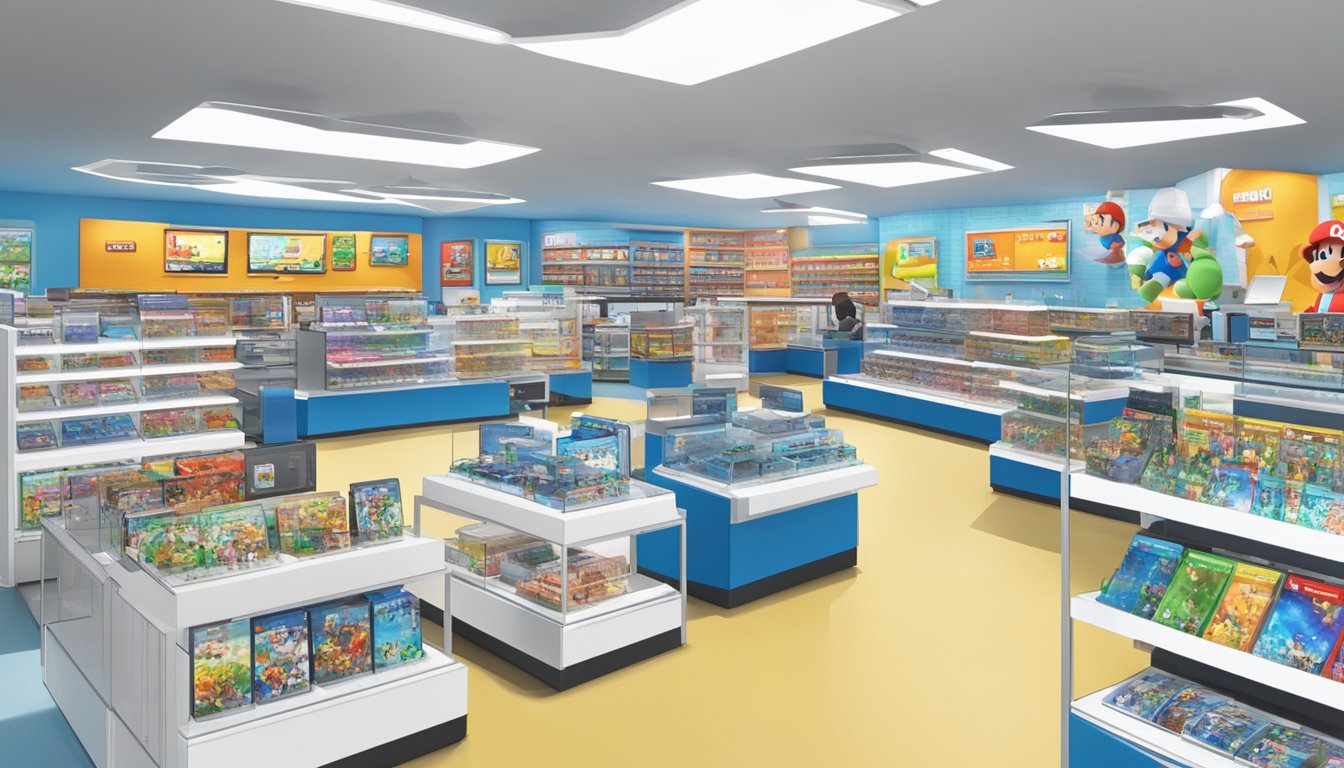 A brightly lit electronics store display showcases the latest Nintendo Wii consoles and accessories, with vibrant game graphics playing on multiple screens. The store is bustling with excited customers browsing the selection
