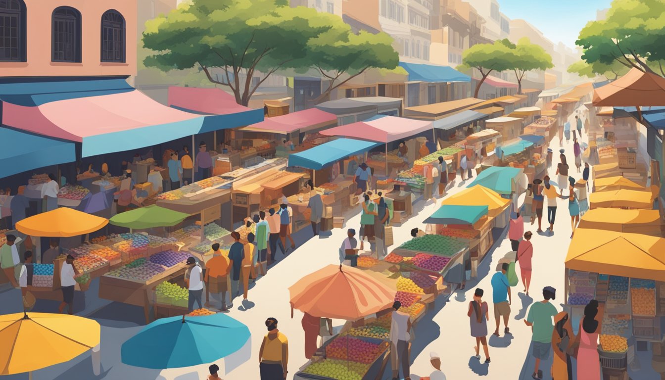 A bustling street market with colorful displays of sunglasses, vendors calling out prices, and customers browsing under the shade of umbrellas