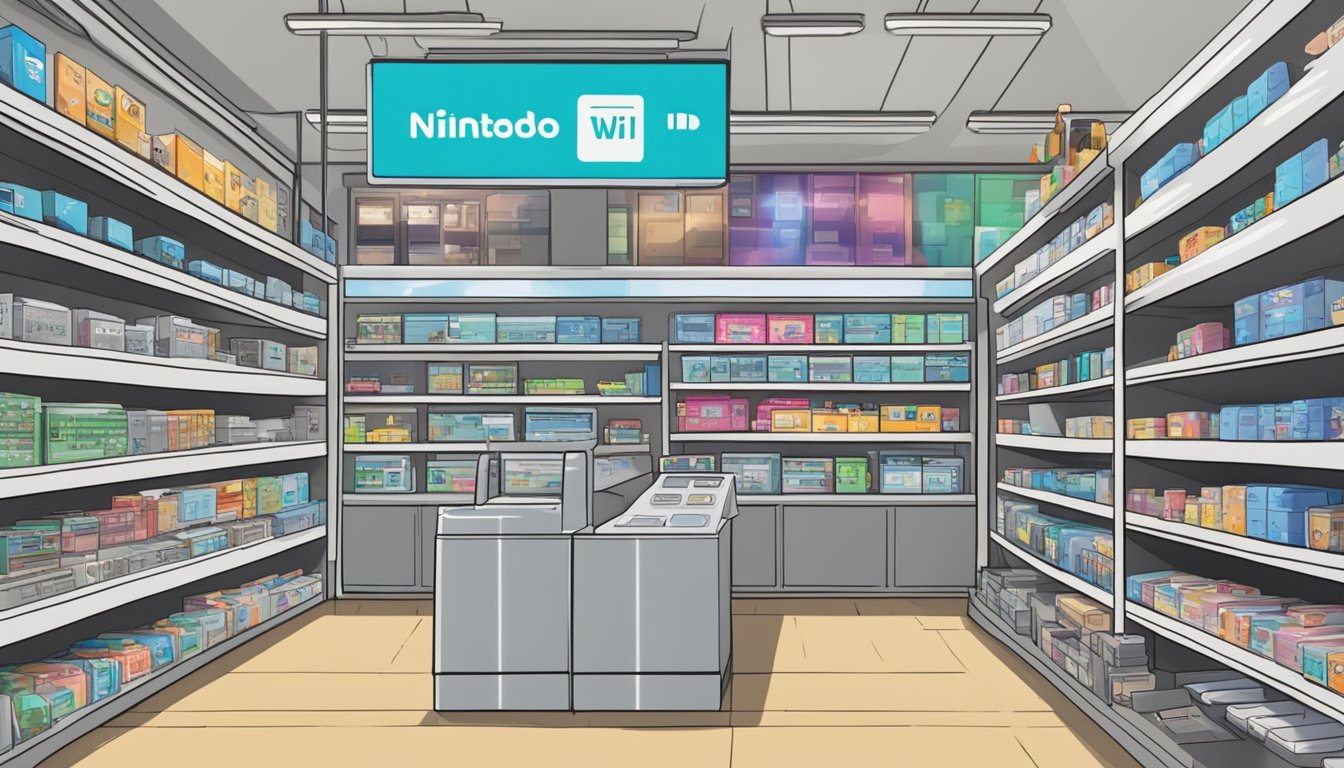 A bustling electronics store in Singapore with shelves stocked with Nintendo Wii consoles and a sign reading "Frequently Asked Questions: Where to buy Nintendo Wii in Singapore"