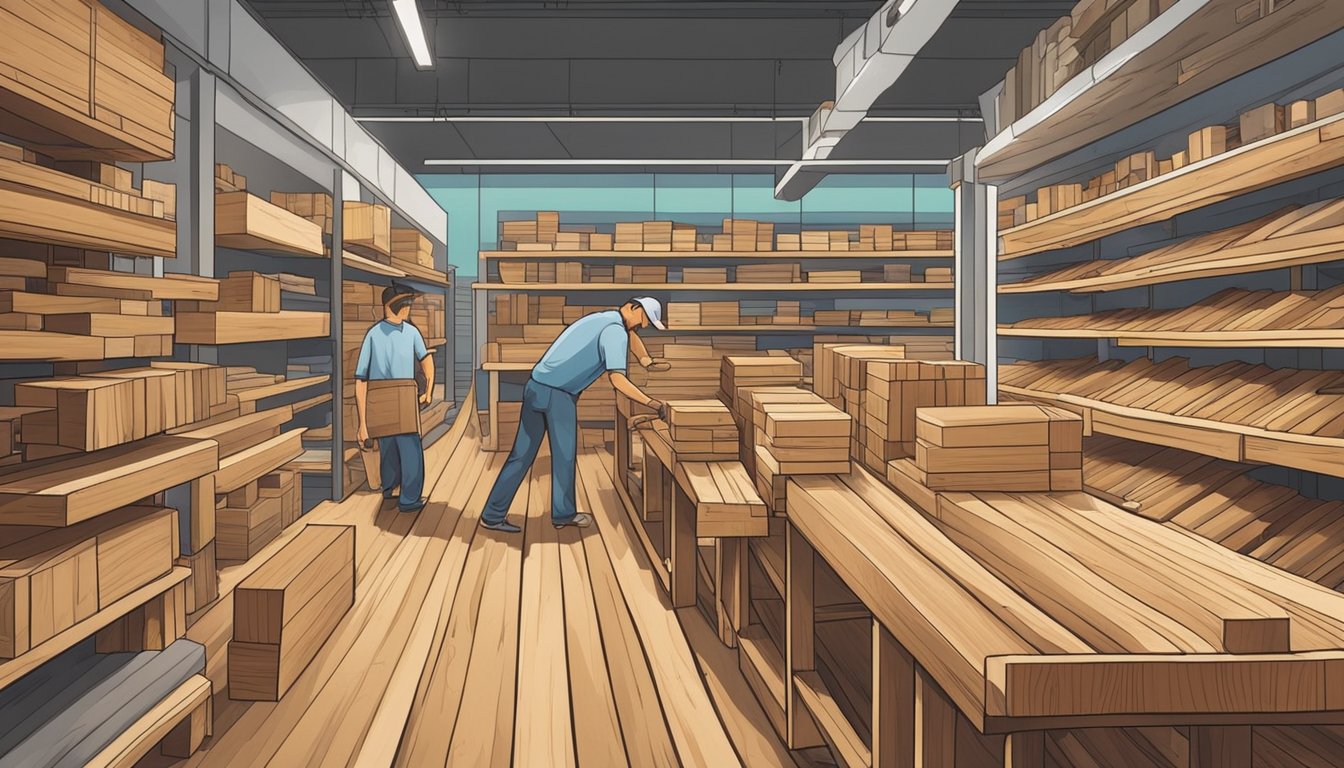 A hardware store in Singapore sells wood planks. Customers browse aisles filled with various sizes and types of wood, while staff assist with cutting and loading