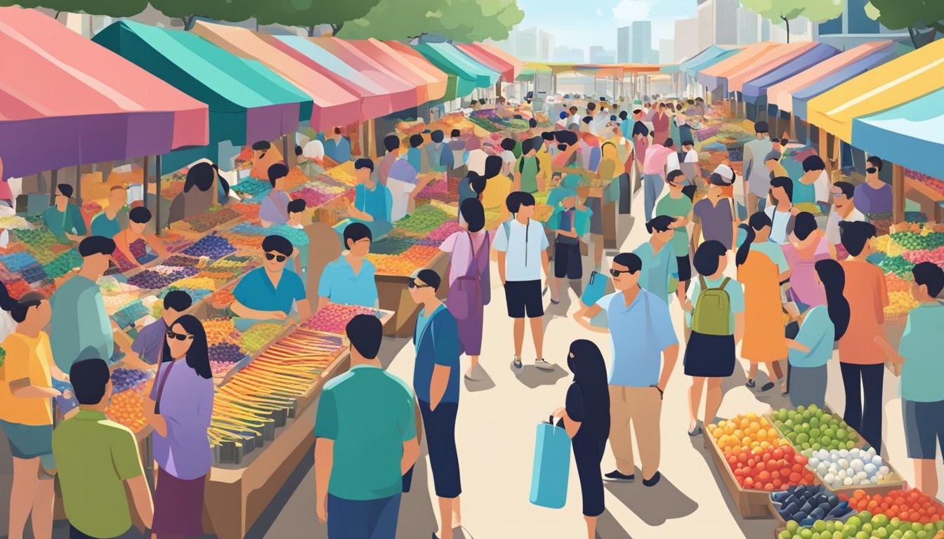 A bustling outdoor market in Singapore, with colorful displays of sunglasses at various stalls. The sun shines brightly as customers try on different styles, searching for the perfect pair
