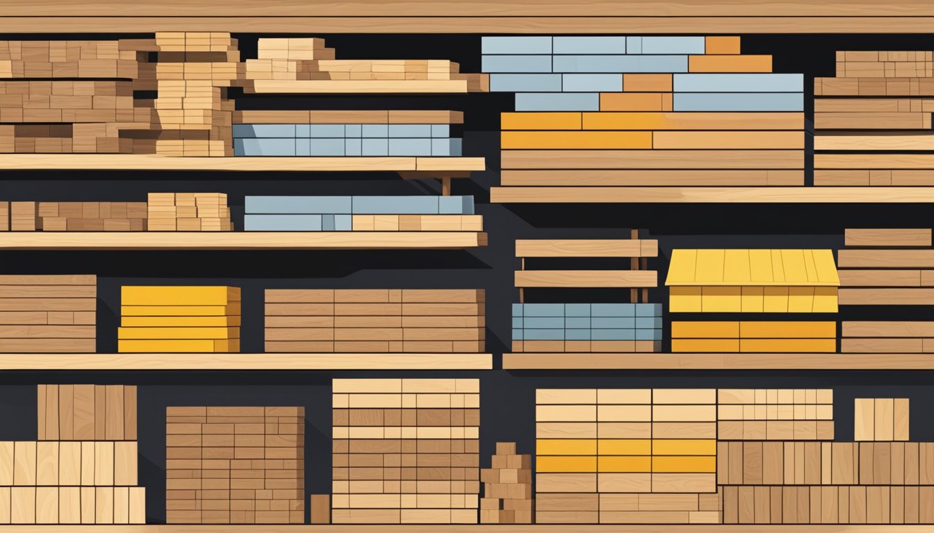 Various wood types displayed in a Singaporean lumberyard. Brightly colored planks neatly stacked on shelves. Signs indicate the different types available