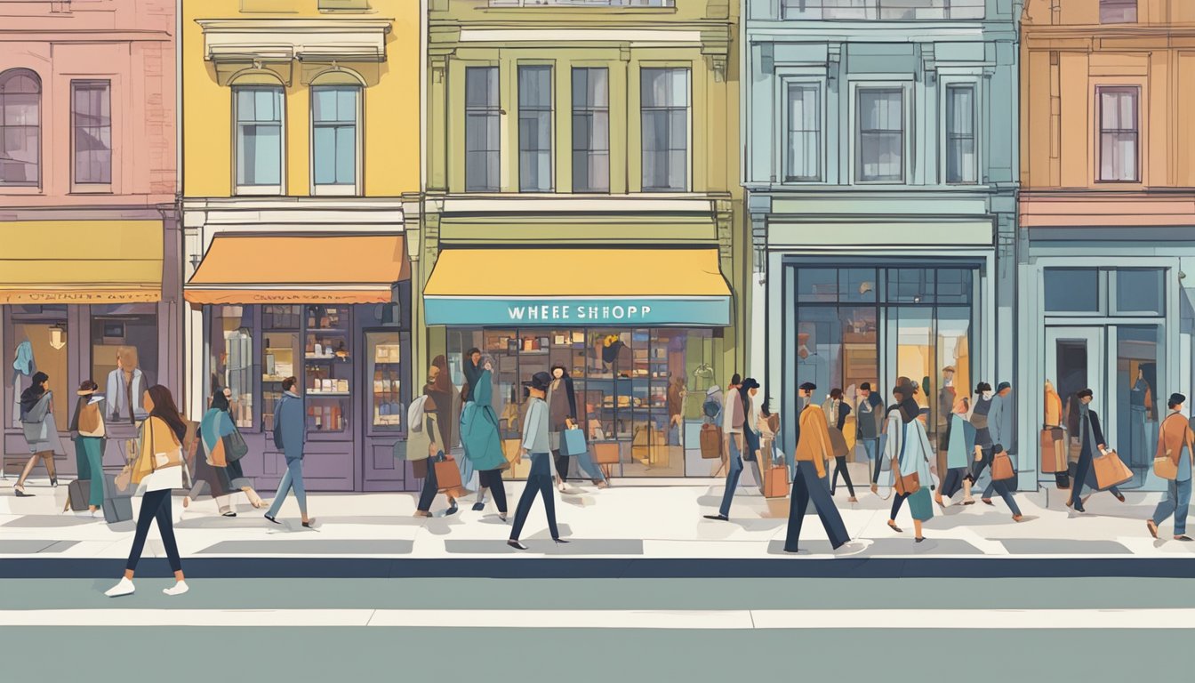 A bustling street lined with modern storefronts, displaying an array of stylish sunglasses in various shapes and colors. Pedestrians browse the selection, while a sign above reads "Where to Shop for Sunglasses."