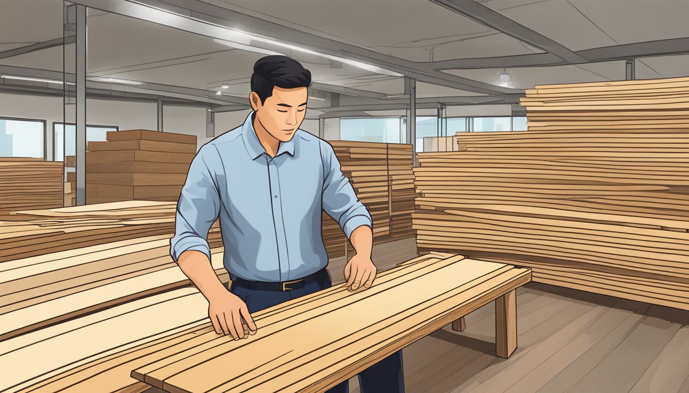 A customer selecting wood planks from a variety of options at a purchasing and customization service in Singapore