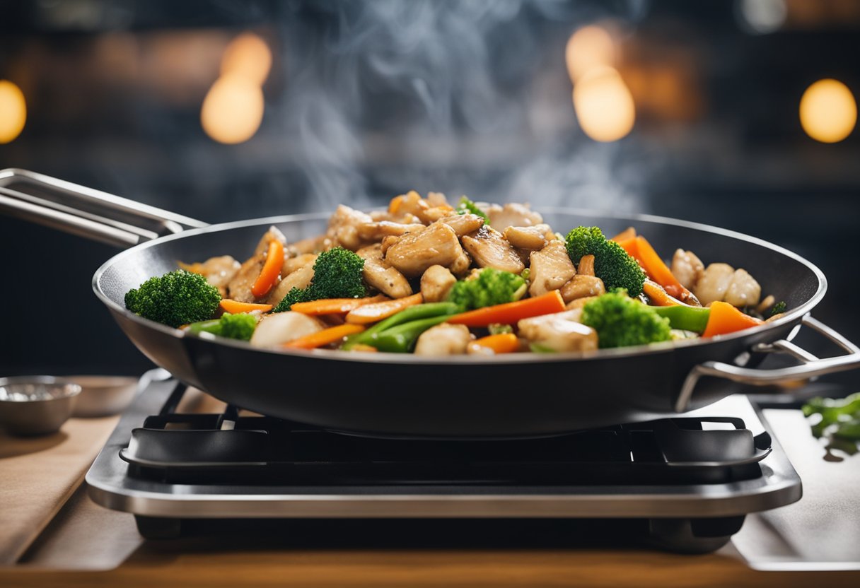 A wok sizzles with marinated chicken, ginger, and garlic, while soy sauce and spices fill the air. Chopped vegetables wait nearby