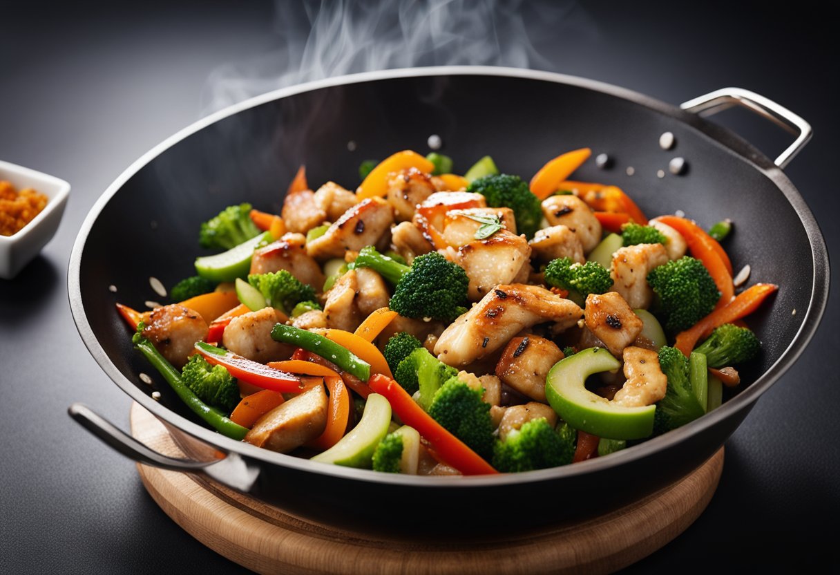 A sizzling wok filled with colorful stir-fried vegetables and tender chunks of marinated chicken, with aromatic spices and sauces nearby