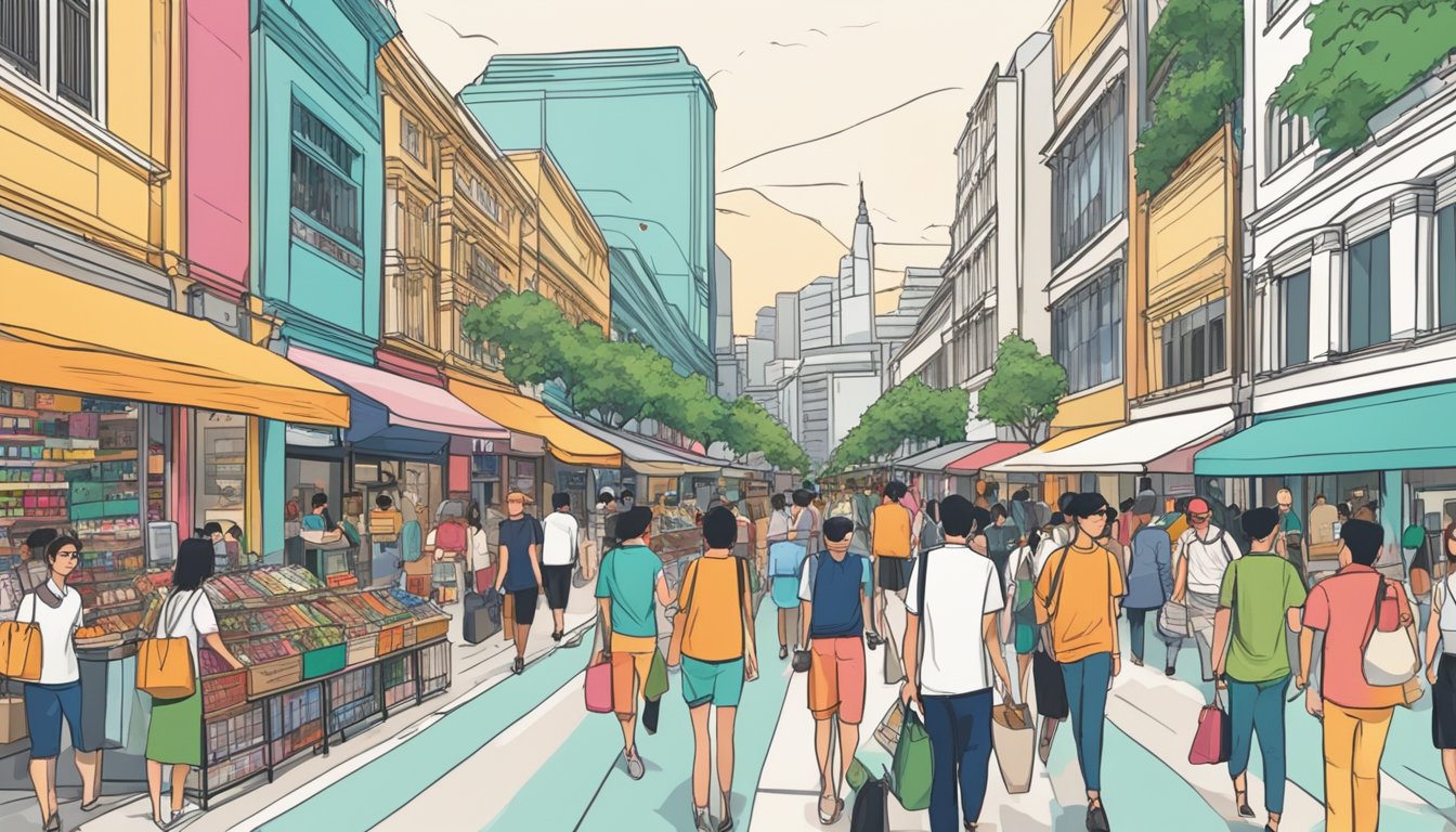 A busy street in Singapore, with a row of stylish sunglasses shops, bustling with shoppers and tourists. Bright, colorful displays catch the eye