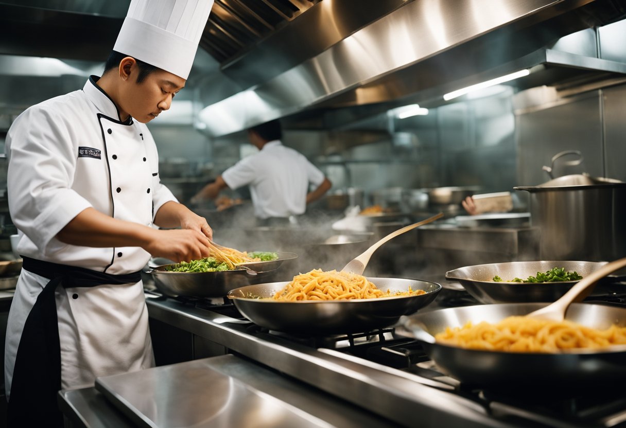 A chef stir-frying Indo-Chinese dishes in a bustling kitchen. Ingredients and spices line the counter, adding vibrant colors to the scene