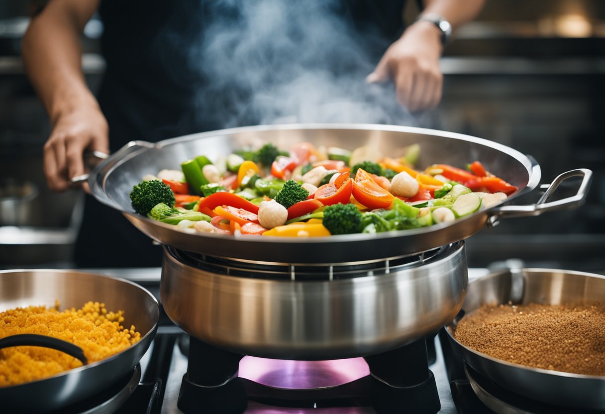 A wok sizzles with colorful vegetables, sauces, and spices. Steam rises as a chef tosses the ingredients, creating the vibrant flavors of Indo-Chinese cuisine
