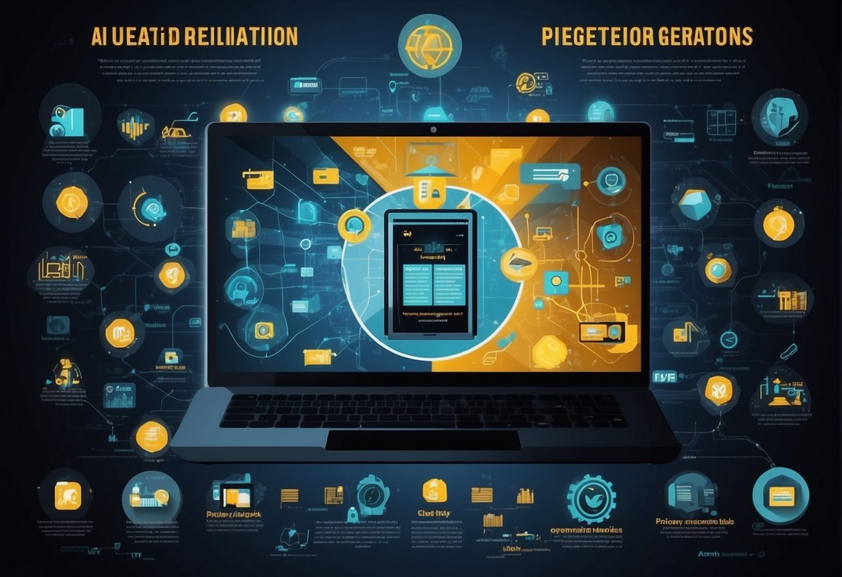 An AI infographic generator surrounded by various data sources and digital devices