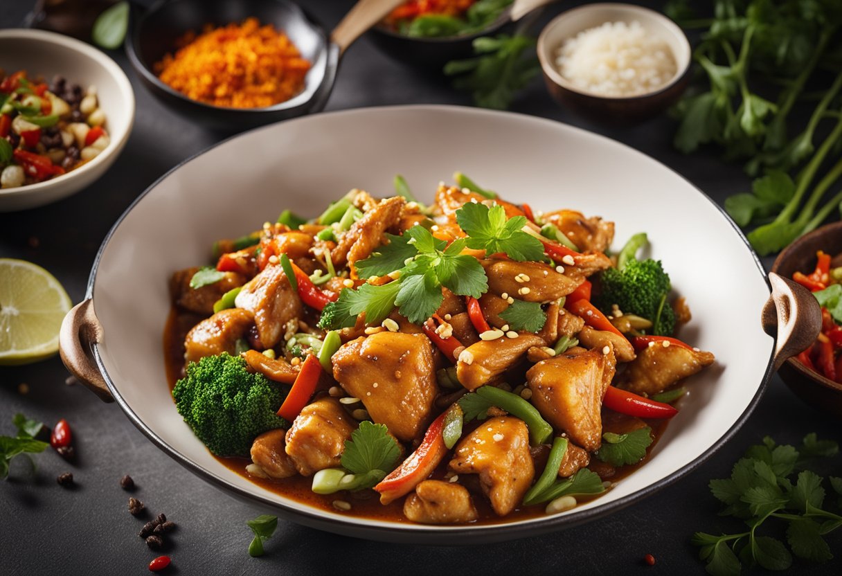 A sizzling wok filled with vibrant, aromatic Indo Chinese chicken dishes, surrounded by colorful spices and fresh herbs