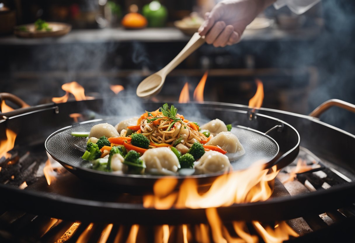 A wok sizzles over a high flame, as a chef tosses vegetables and sauces together. Nearby, a steamer releases fragrant steam as dumplings cook