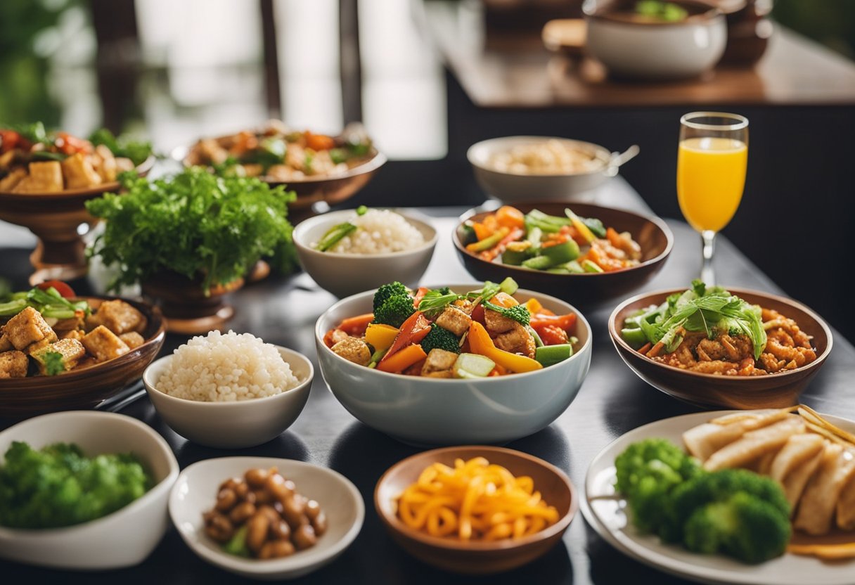 A table set with colorful vegetarian Indo-Chinese dishes, resembling chicken recipes. A variety of vegetables and tofu arranged in a vibrant and appetizing display