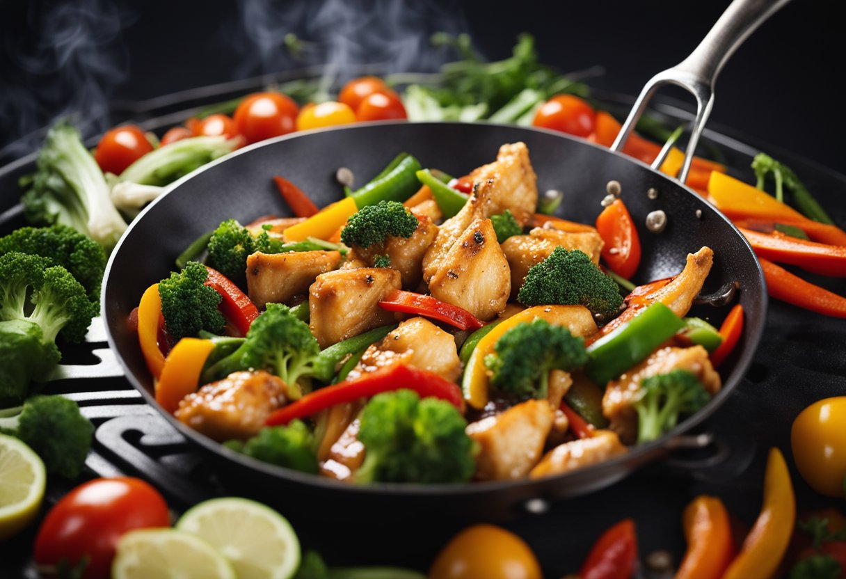 Sizzling chicken stir-frying in a wok with colorful vegetables and aromatic spices, creating a mouth-watering aroma