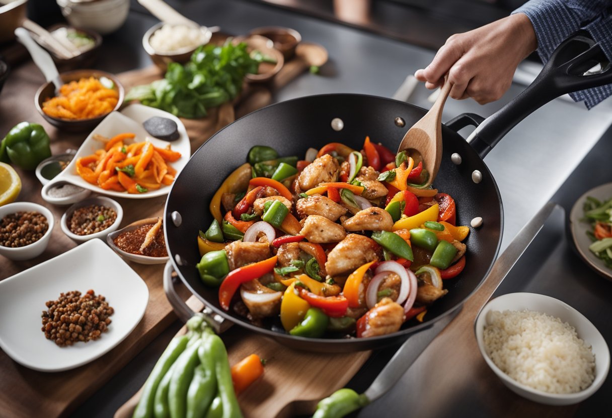 A sizzling wok tosses marinated chicken with colorful bell peppers, onions, and aromatic spices in a bustling kitchen