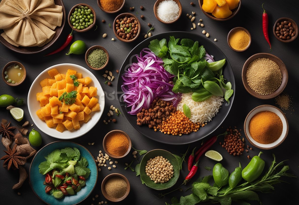 A table set with colorful, fresh ingredients and spices for Indo-Chinese food recipes
