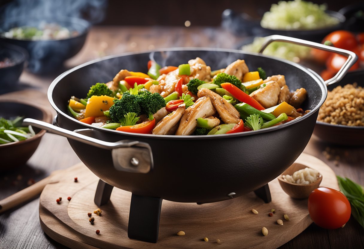 A sizzling wok filled with colorful Indo-Chinese chicken stir-fry, surrounded by vibrant spices and fresh herbs