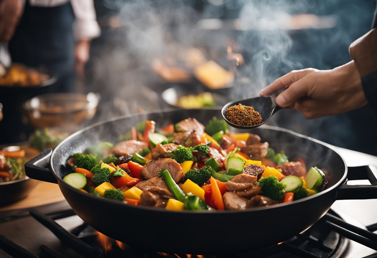 A sizzling wok tosses colorful vegetables and succulent meats in a cloud of aromatic spices, as steam rises from the sizzling pan