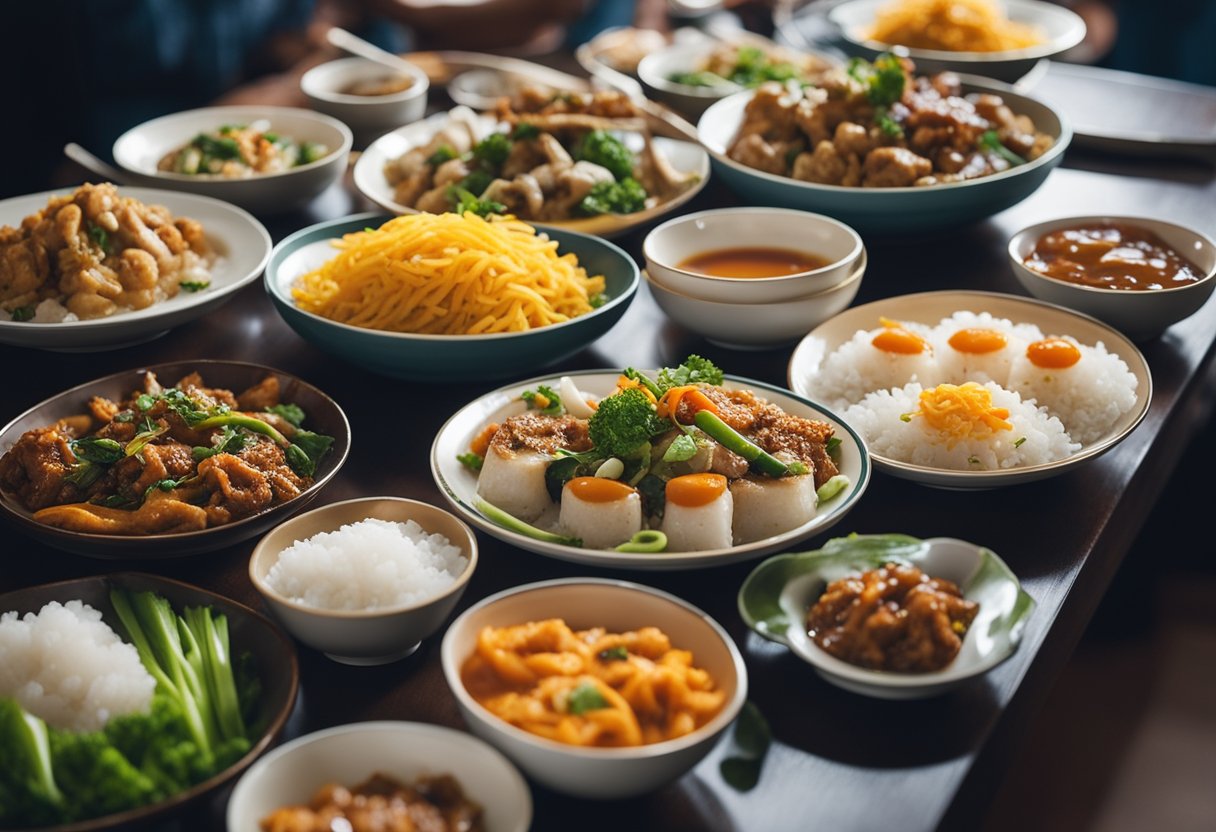 A table filled with colorful plates of Indo-Chinese food, steam rising from the dishes, chopsticks and sauces arranged neatly