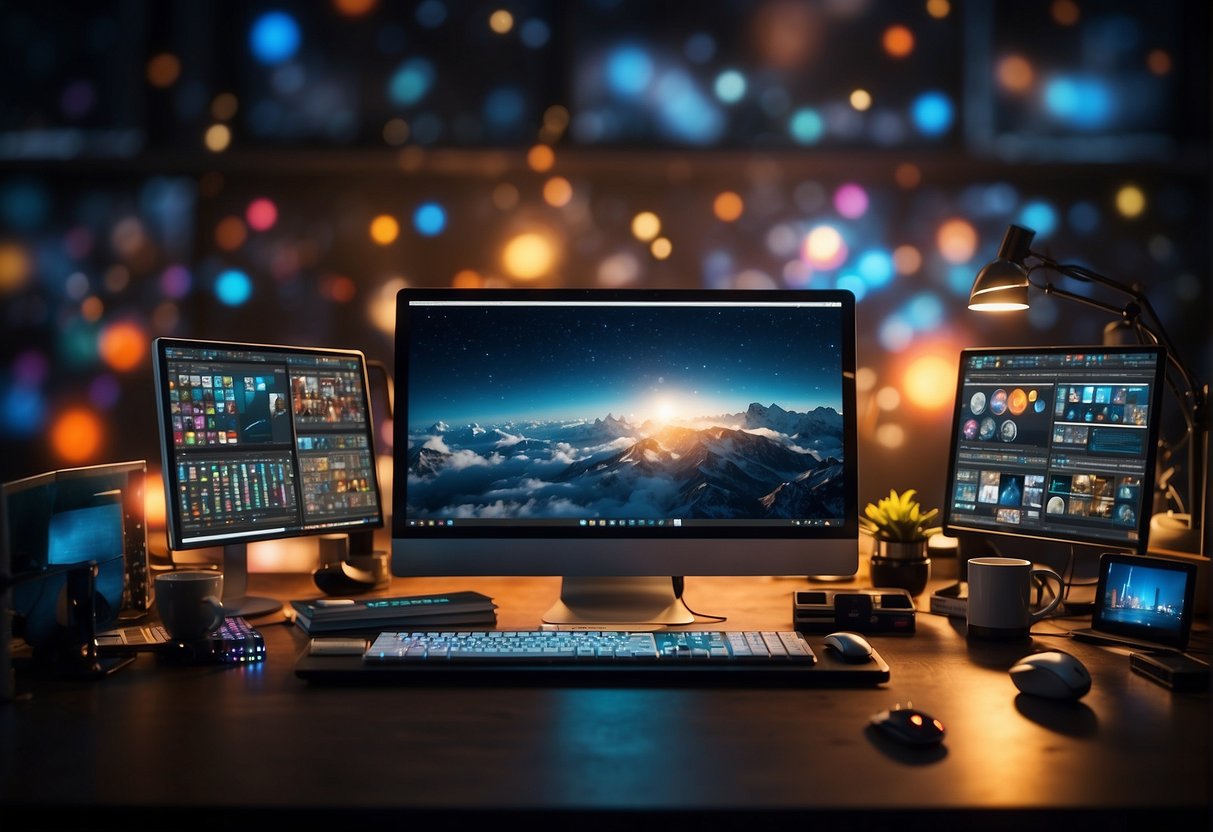 A computer screen with a variety of colorful icons and graphics, surrounded by a desk with a keyboard, mouse, and notebook