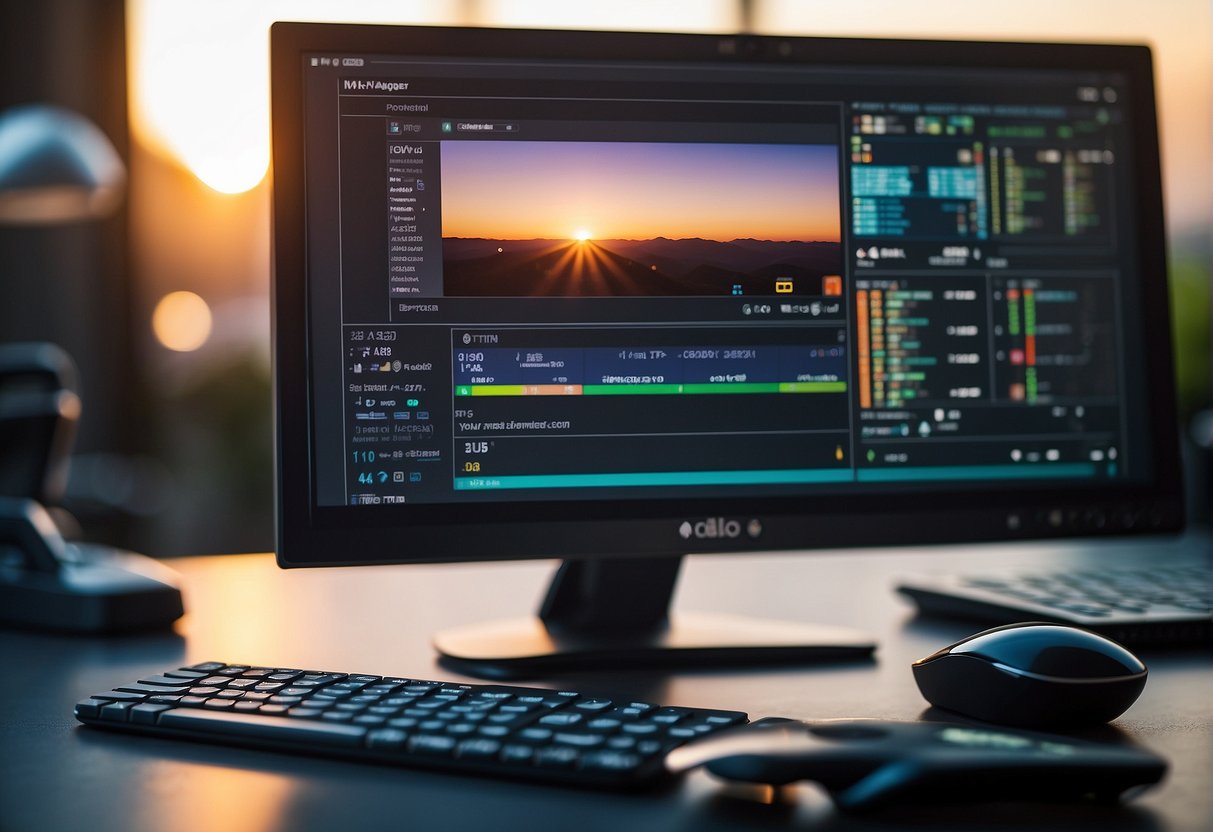 Various digital tools and software surround a computer monitor. Bright colors and sleek design elements are present