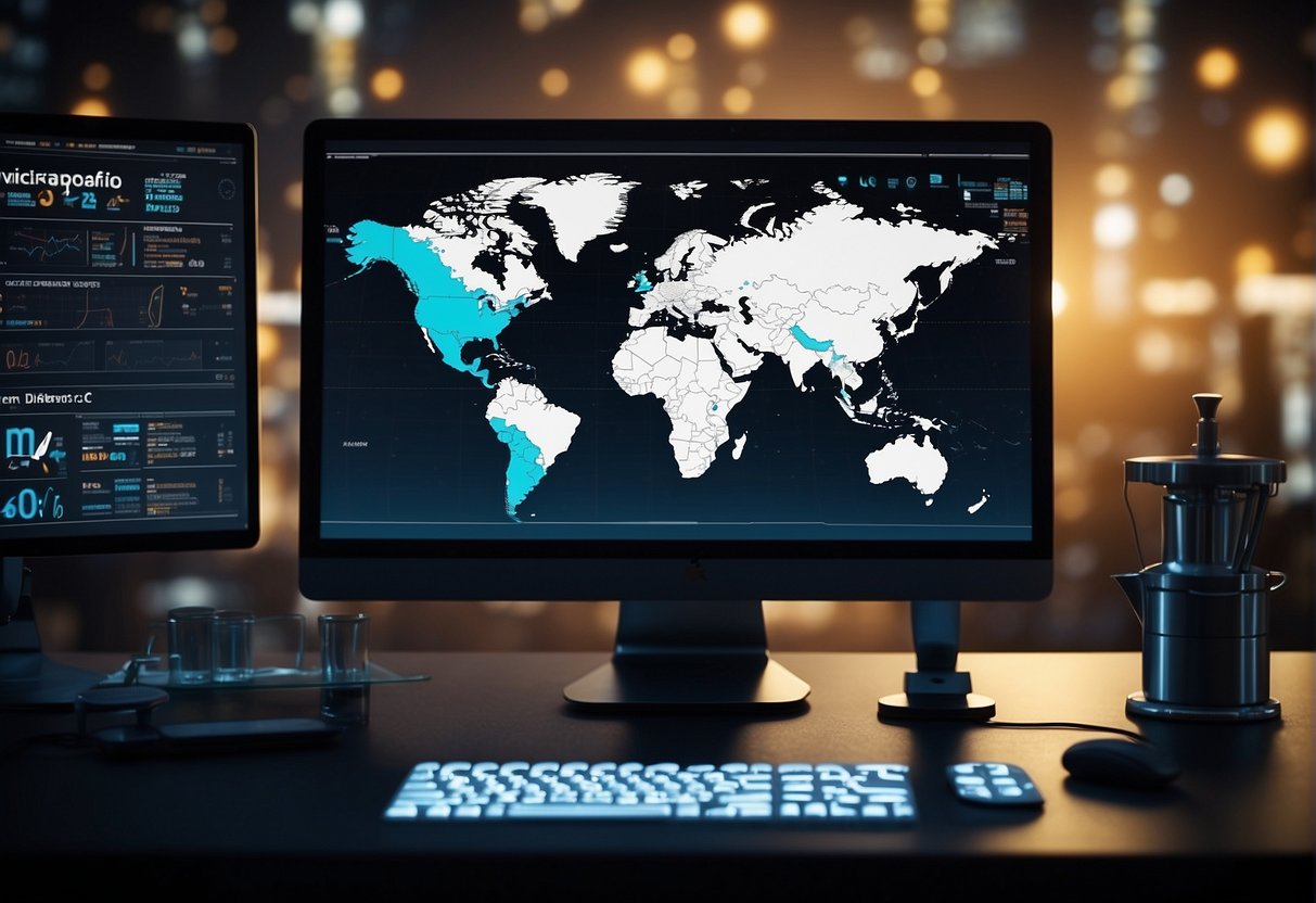 A computer screen displays an infographic generator with various tools and resources. Support icons and AI symbols surround the interface
