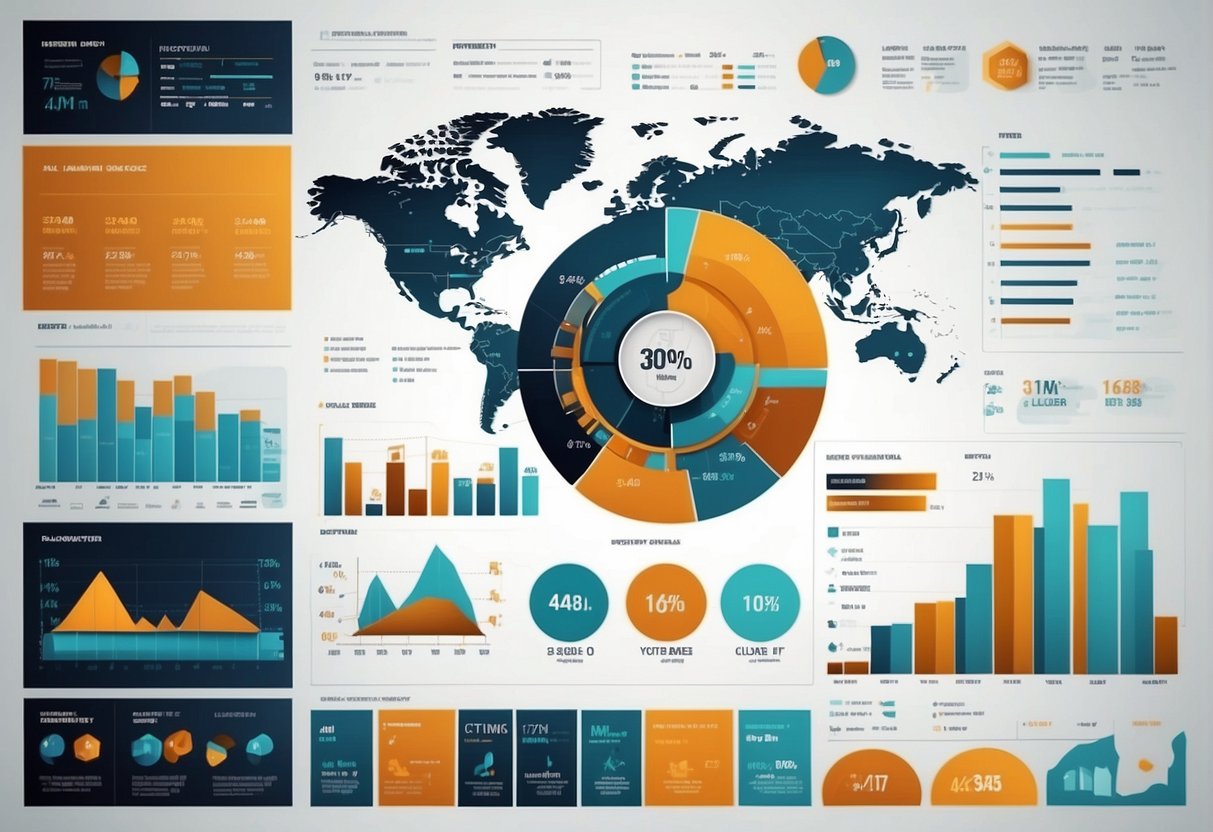 A futuristic AI program generates an infographic, with data flowing into a sleek interface, while colorful charts and graphs materialize on a digital screen
