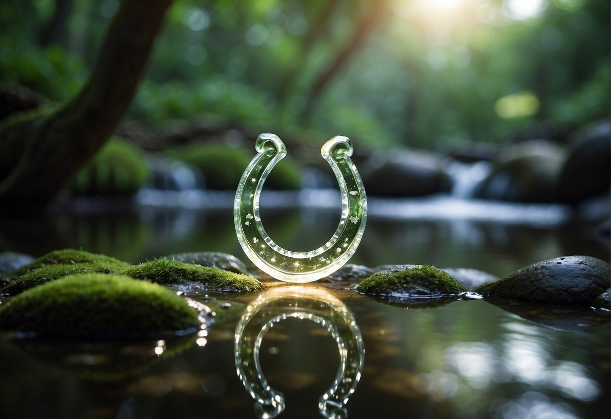 A glowing horseshoe hangs above a tranquil creek, surrounded by lush greenery and sparkling water