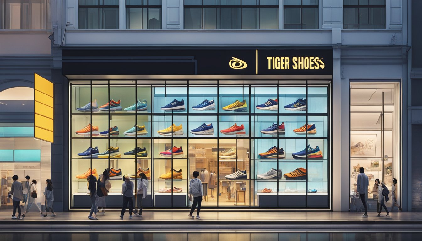 A storefront sign reads "Onitsuka Tiger Shoes" in Singapore. Brightly lit display windows showcase the latest shoe models. Customers browse inside