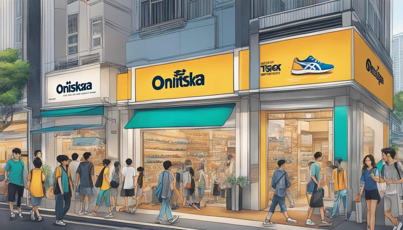 A bustling street in Singapore showcases the vibrant storefront of Onitsuka Tiger, drawing in passersby with its array of stylish shoes