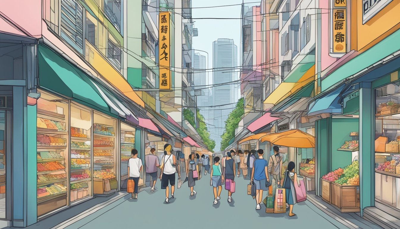 A bustling street in Singapore, with colorful storefronts and a prominent sign reading "Onitsuka Tiger." Shoppers walk by, some carrying shopping bags